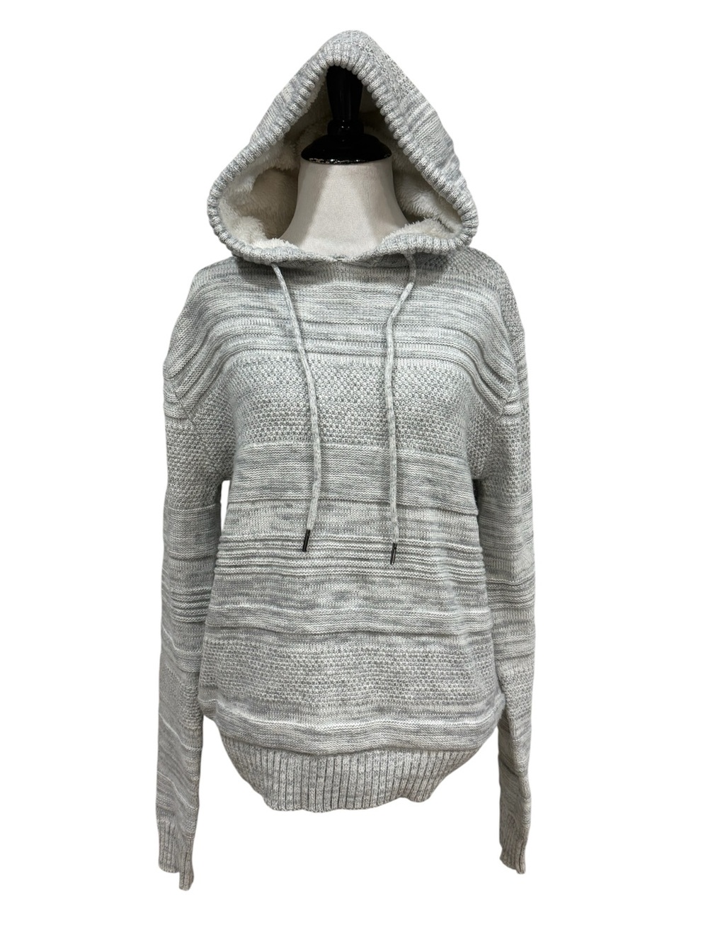 Rue21 Womens Small Gray Knit Hooded Sweater Sherpa Lined Hoodie Pullover